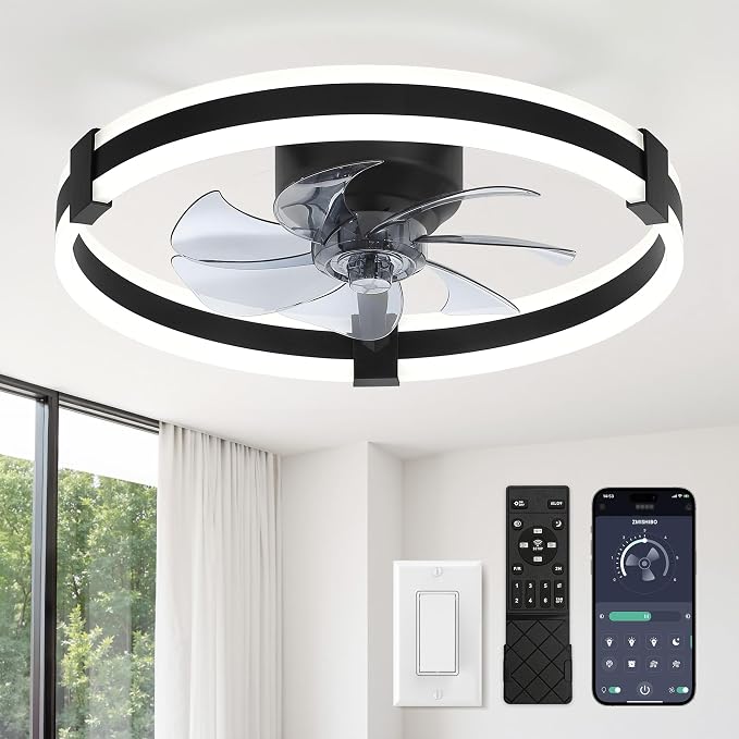 ZMISHIBO Ceiling Fans with Lights and Remote, 20 inch Low Profile Ceiling Fan with Light, 3000K-6000K Dimmable & 6 Wind Speeds, Modern Fandelier Flush Mount Ceiling Fan, Small LED Fan for Bedroom