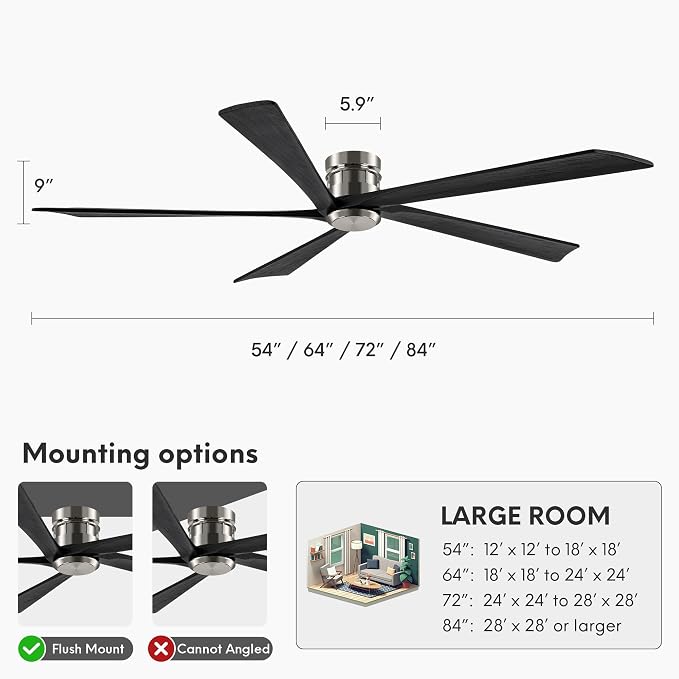 EKIZNSN 72 Inch Brushed Nickel Flush Mount Ceiling Fans without Light for Patios, 110V Noiseless Reversible DC Motor, 6-Gear Speed (Nickel Finish with Black Blades)