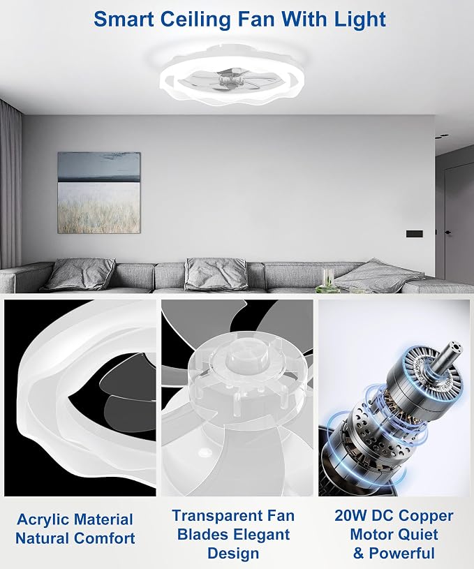 Ceiling Fans with Lights and Remote, 20'' Low Profile Ceiling Fan, 3000K-6500K Dimmable LED Fan Light APP Control, 6 Wind Speeds White Modern Fandelier Flush Mount Ceiling Fans for Bedroom Kids Room