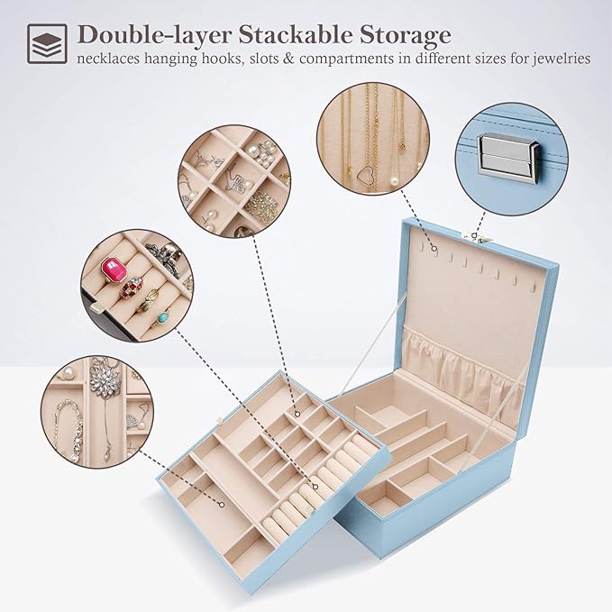 ProCase 2 Layers Jewelry Box for Women -Blue | Large Leather Jewelry Organizer Storage Case with Removable Pad for Earrings