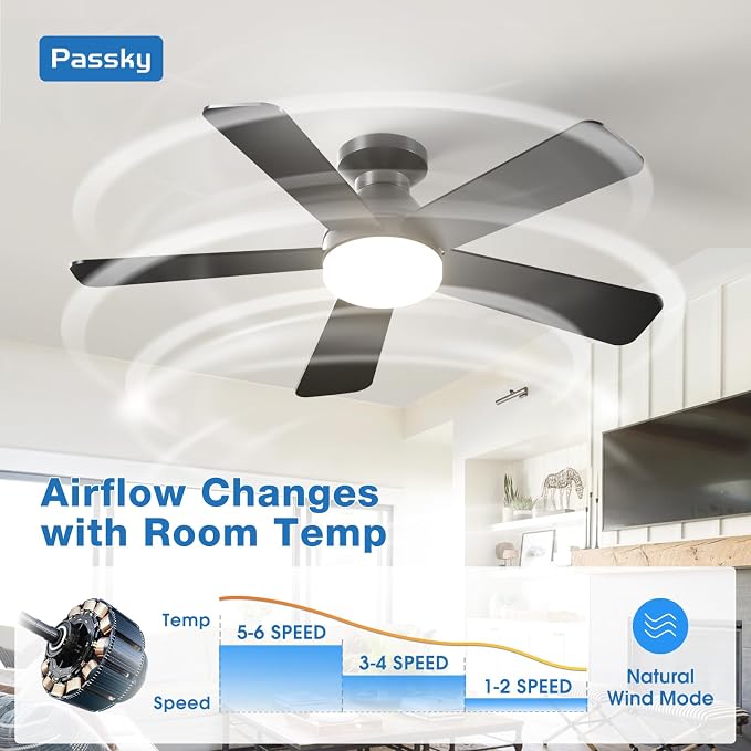 Passky Ceiling Fans with Lights, 42 inch Flush Mount Ceiling fan with Remote Control, Low Profile Ceiling Fan for Bedroom, Farmhouse, Reversible, 3CCT, Dimmable, Noiseless DC Motor, Black