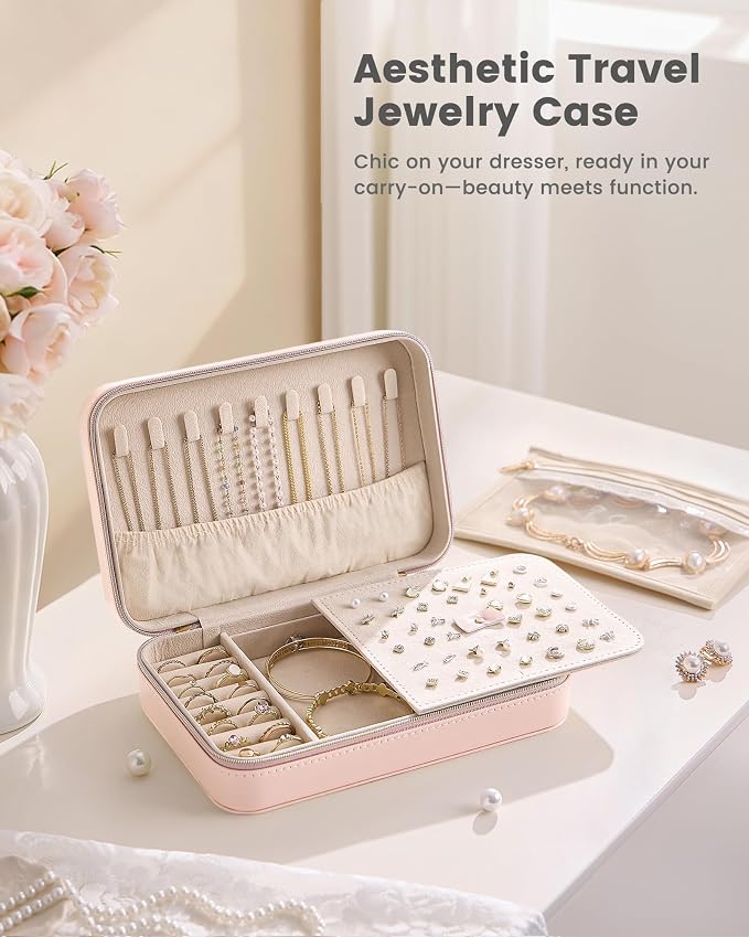 Lolalet Travel Jewelry Case for Women Girls, PU Leather Jewelry Organizer with Clear Storage Bag Small Portable Jewelry Box for Necklace Bracelet Earring Ring Birthday Bridesmaid Gifts -Large/Pink