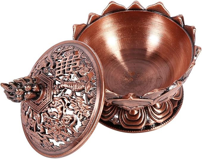 Lotus Incense Burner Holder - Antique Zinc Alloy Metal Censer with Ash Catcher - Vintage Zen Home Decor for Meditation, Yoga, Spa - Fits Incense Cones, Sticks, and Coils (Antique Red)