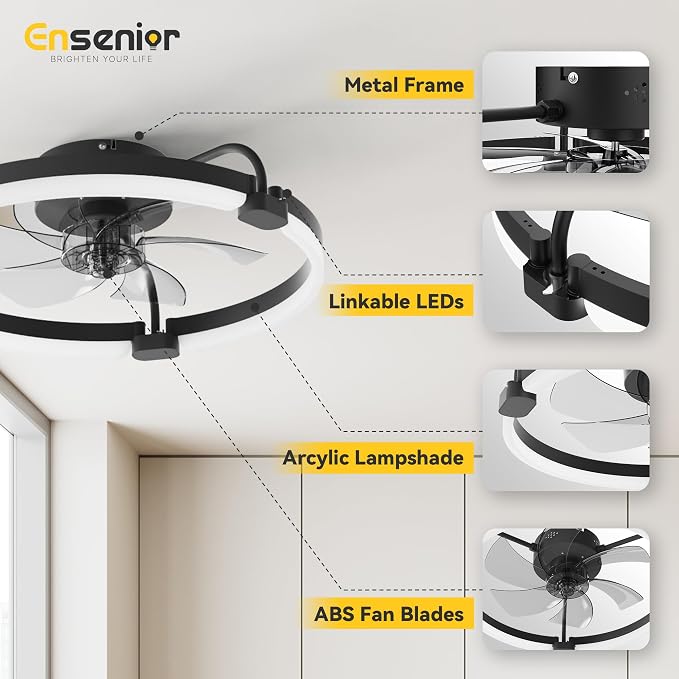 Ensenior Ceiling Fans with Lights and Remote, 20'' Low Profile Ceiling Fan Flush Mount, APP Control, 6 Speed, 3CCT, Quiet Reversible DC Motor, Dimmable Modern Ceiling Fan with Light for Bedroom, Black