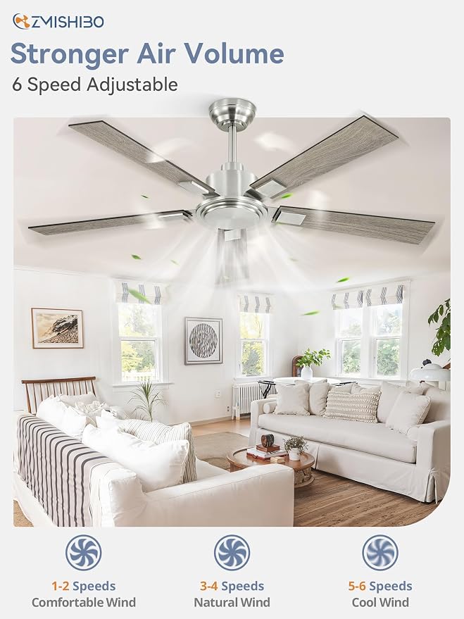 ZMISHIBO 52 Inch Ceiling Fan No Light with Remote Modern Nickel Ceiling Fan with Quiet Reversible DC Motor, 6-Speeds 5 Blades, Indoor/Outdoor Ceiling Fans Without Light for Patios, Living Room, Garage