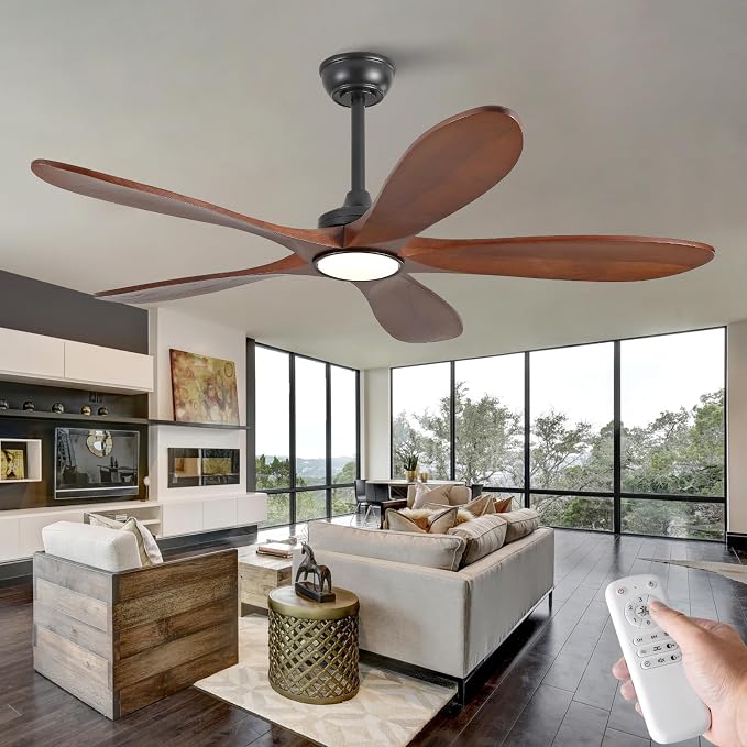 52 Inch Wood Ceiling Fans with Lights and Remote Control, Outdoor Modern Black Ceiling Fan with Light for Patio Office, 5 Blades, Dimmable LED Light, Reversible DC Motor, Memory Function