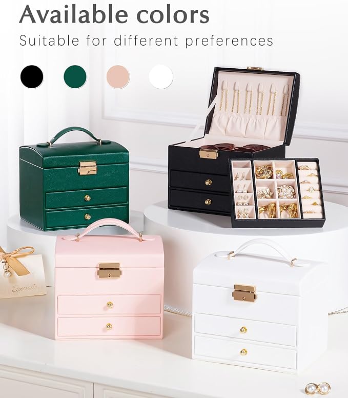Homde Small Jewelry Box for Girls: 3-Layer Lockable Organizer(Black) | Removable Tray&Dividers for Flexible Storage - Sort Earrings&Rings&Necklaces for Beginners - Birthday Gift for Teens