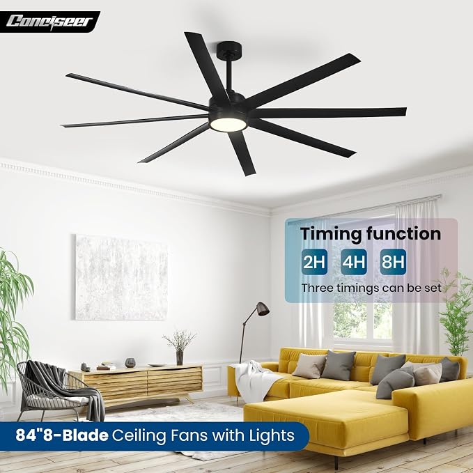Conciseer Modern Ceiling Fans with Lights, 84 Inch Ceiling Fan with Light and Remote,Living Room Library Cafe Outdoor/Industrial, 3CCT 8 Blades 6 Speed Reversible Quiet DC Motor, Black/A