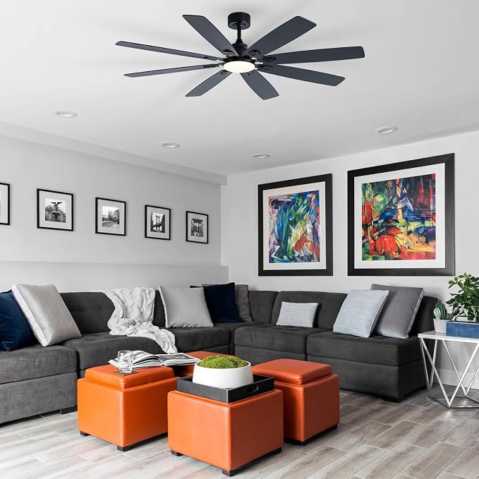 Coolwind 62in Large Outdoor Ceiling Fan, Display Remote&APP Control, Black 8 Blade Quiet Ceiling Fan, 8 Speeds, Dimmable, Timer, DC Reversible Motor, Double Sided Blade for Patio, Bedroom