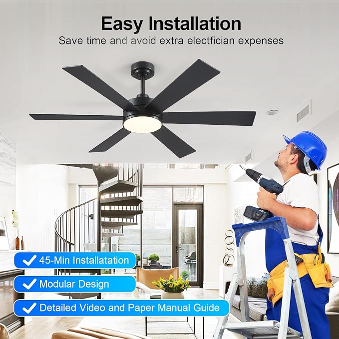 BayDay Farmhouse Rustic Ceiling Fans with Lights and Remote, Bedroom Living Room Kitchen Fans Ceiling with Light Chandier (Black, 52 inch)