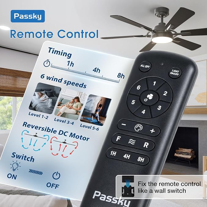 Passky Ceiling Fans with Lights, 52 inch Ceiling Fan with Light and Remote Control, Reversible, Dimmable, 3CCT, Quiet, Black Modern Ceiling Fan for Bedroom, Living Room