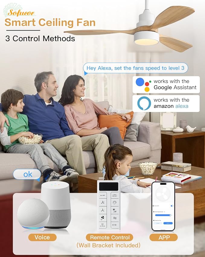 Sofucor 48 Inch Smart Ceiling Fans with Lights-Flush Mount & Downrod Mount Modern Outdoor Ceiling Fans with Alexa/Google Assistant/APP/Remote Control for Bedroom/Farmhouse/Patio, White & Natural Wood