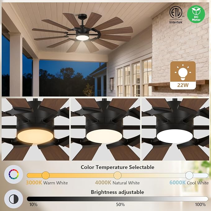 72'' Farmhouse Ceiling Fan with Light,12 Dual-Finish Wind Mill Blades, 3 Downrods, 6-Speed Reversible DC Motor, High CFM, 3CCT, Indoor Outdoor Industrial Fan for Patio Commercial Shop Garage