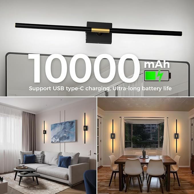 iThird Wall Sconce Battery Operated Wall Light: 10000mAh Wireless Wall Sconces with Remote Control, 360° Rotate Rechargeable Wall Scone for Bedroom Living Room Bathroom Hallway, 31.5 Inch, Black