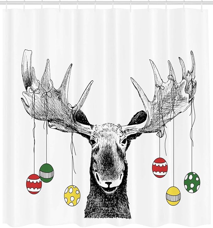 Ambesonne Christmas Shower Curtain, Christmas Moose with Xmas Ornaments Balls Hanging from Horns Funny Noel Sketch Art, Cloth Fabric Bathroom Decor Set with Hooks, 69" W x 84" L, Multicolor Black