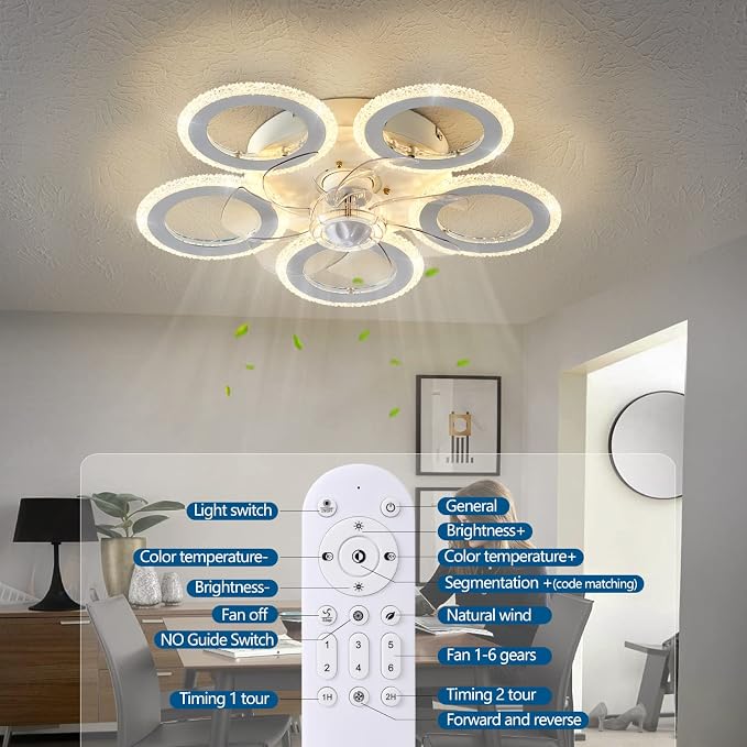 Dalouguan Modern Ceiling Fan with Light, 20" White Personality Geometric 6 Speeds 3 Light Color Low Profile Flush Mount Ceiling Fan for Kitchen Bedroom