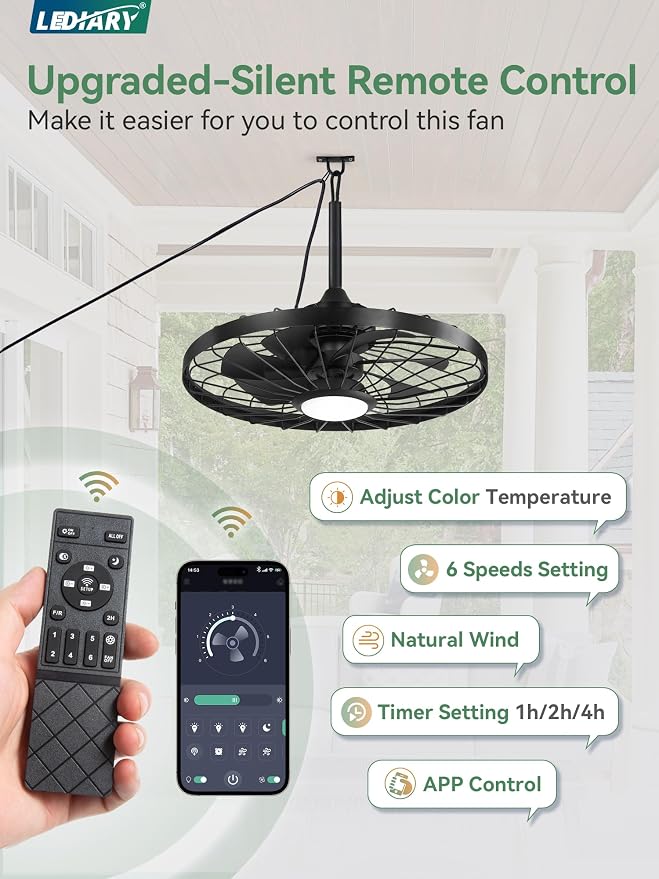 LEDIARY 24" Outdoor Ceiling Fan with Lights,IP65 Waterproof Gazebo Hanging Fan with Remote Control Smart App, Plug in Caged Ceiling Fan with 3CCT 6-Speeds for Patio Porch Pergola(Black)