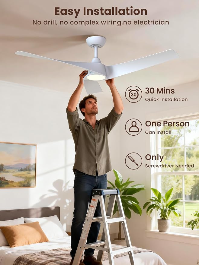 TALOYA 52 inch Modern Ceiling fan with Light, 3 Blades Ceiling Fans with Lights and remote, 3000K-6500K, Dimmable, Quiet, Outdoor Ceiling fan For Living Room, Bedroom, Patio, Farmhouse, White