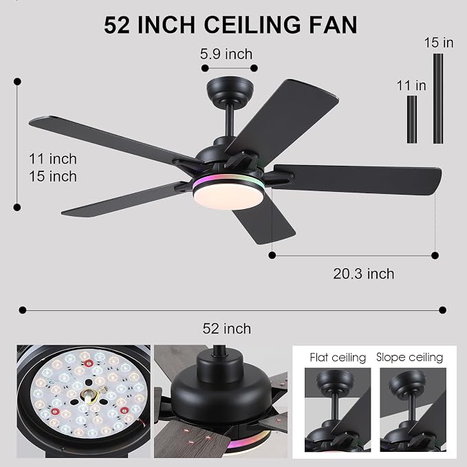 Kviflon 52 Inch Ceiling Fans with Lights, Modern RGB Ceiling Fans, Black Ceiling Fan with Light for Bedroom Living Room, Remote/APP Control, Reversible Quiet DC Motor, Dimmable LED, Wooden Blades