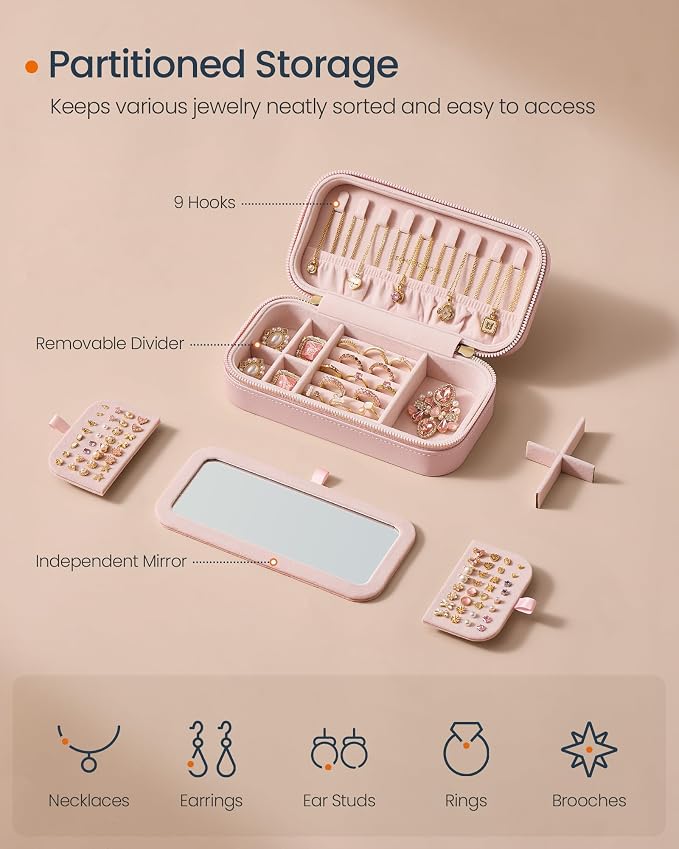 SONGMICS HOME Travel Jewelry Case with Mirror, Stitching, Portable | Jewelry box organizer, 4.1 x 8 x 2.4 Inches, Gift Idea, Jelly Pink, UJBC180S01