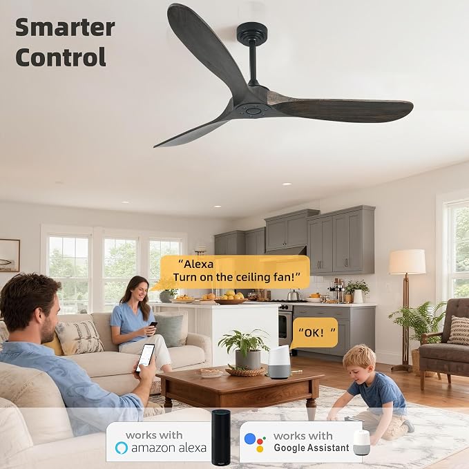 Outdoor Ceiling Fan Without Light, 60 Inch Smart Ceiling Fan with Remote & Voice Control Works with Alexa & Google Assistant, 3-Blade Wood Fan, Quiet DC Motor, 6 Speeds for Patio, Farmhouse