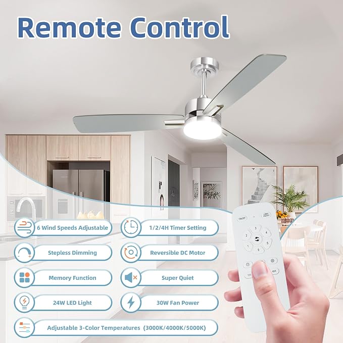 hykolity 52 Inch Modern Nickel LED Ceiling Fan with Light and Remote | 3CCT Dimmable LED Light, Quiet Reversible DC Motor, 6-Speed, Downrod Included, 3 Blade Ceiling Fans for Bedroom Living Room