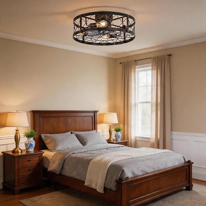 20" Farmhouse Flush Mount Caged Ceiling Fan with Lights and Remote, Rustic Low Profile Fandelier, Quiet 6 Speeds Reversible Enclosed Bladeless Small Ceiling Fans for Bedroom Living Room Kitchen