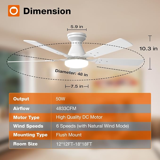 addlon 2 Pack Ceiling Fans with Lights, 48 inch White Ceiling Fan with Light and Remote Control, Reversible, 3CCT, Dimmable, Noiseless, Ceiling Fan for Bedroom, Farmhouse, Indoor/Outdoor Use