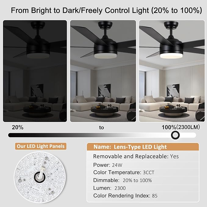 YUHAO 60 Inch Black Ceiling Fan with Light and Remote Control.Noiseless,Dimmable,3CCT,6 Speeds Reversible, DC Ceiling Fans for Indoor or Covered Outdoor Use.ETL Listed