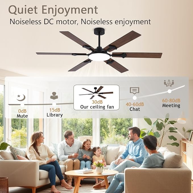NKPU 66 Inch Brown Ceiling Fan with Lights, Modern Large Ceiling Fan with Remote & APP Control, Reversible DC Motor, 6 Double-Sided Blades, 6 Speeds, Silent, Timer, for Living Room Indoor & Outdoor