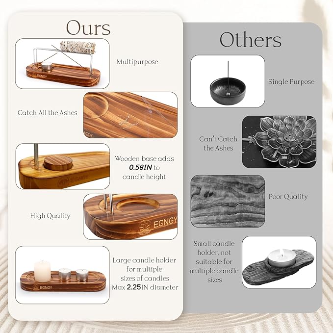 Handcrafted Palo Santo and Sage Holder, 4 in 1 Incense Sticks and Candle Holder for Burning Sage, Natural Wood Burner Holder, Ideal Spiritual Meditation Gift