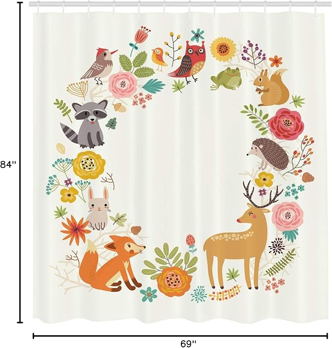 Ambesonne Forest Shower Curtain, European Forest Fauna and Flora with Deer Fox Raccoon and Roses Cartoon Wildlife, Cloth Fabric Bathroom Decor Set with Hooks, 69" W x 84" L, Ecru Mustard
