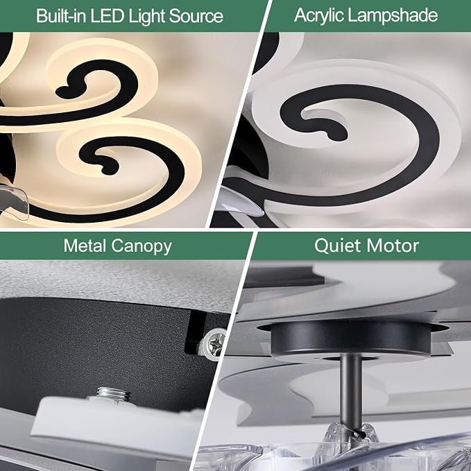 Black Flower Modern Ceiling Fans with Lights, Low Profile Ceiling Fan with Remote for Bedroom, Flush Mount Ceiling Fan with LED Dimmable Light,6-Speeds, Timing CeilingFan Light-yun