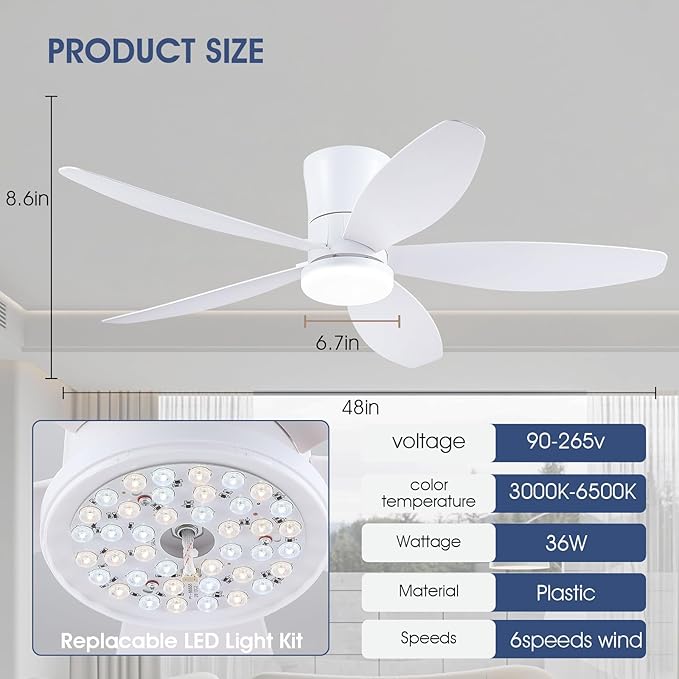 Surtime 48" Ceiling Fans with Lights-Low Profile Ceiling Fan with Light and Remote/APP Control,Flush Mount,DC Reversible,LED Dimmable Modern Ceiling Fans for Bedroom,Indoor/Outdoor Patio Use(White)