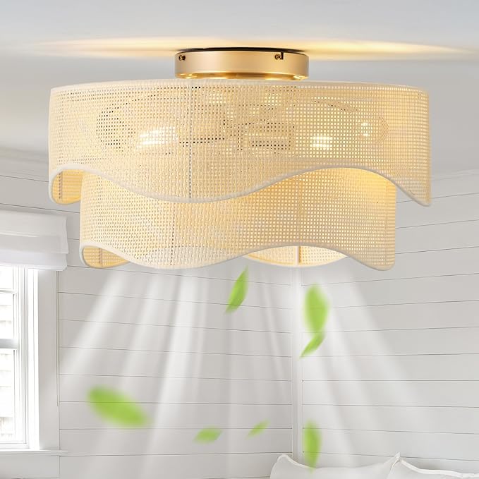 Flush Mount Ceiling Fan with Lights, 20" Low Profile Boho Ceiling Fan with Light Remote Control, Caged Rattan with 6 Speeds for Bedroom, Nursery, Living Room