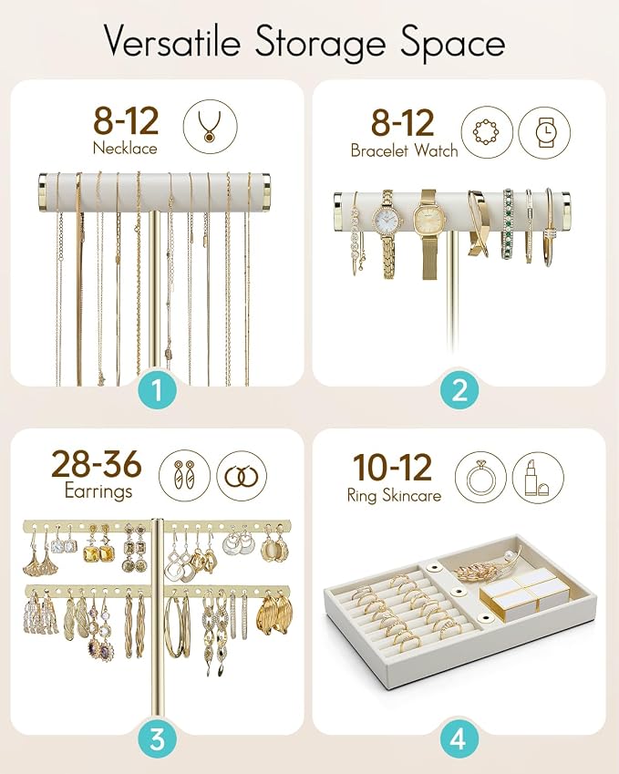 VLANDO 3 Tier Bracelet Holder Display, Leather Jewelry Holder Display for Women, Detachable Jewelry Stand for Bracelet, Necklace, Earrings, Rings - Beige