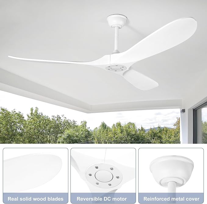 Solid Wood Ceiling Fans no Light, Ceiling Fan with Remote Control,DC Motor with Large Airflow,Indoor and Outdoor Ceiling Fan for Living Room,Bedroom,Patios（White,52 Inch）
