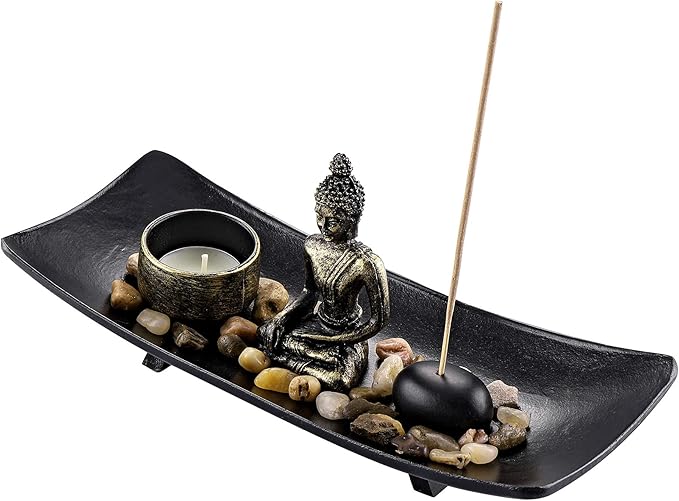 Jovivi Zen Garden Set Buddha Statue w/Tealight Candle Holder, Rocks & Incense Burner Holder & Wood Tray for Yoga Meditation Home Table Decor Gift