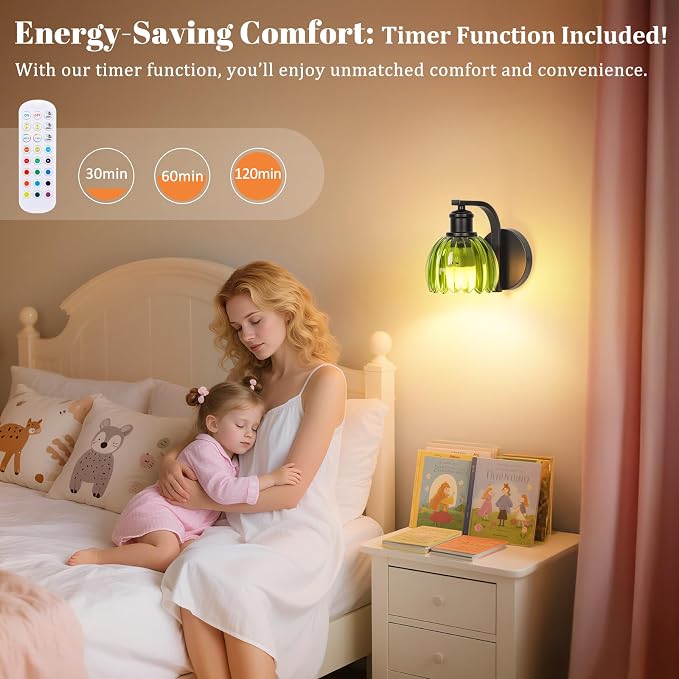 VerRon Rechargeable Battery Operated Wall Sconce Set of Two with Green Glass Lampshade, Wireless Wall Scone Decor with Remote Control, 15 Colors Black Wall Light for Bedside Hallway Bedroom Doorway