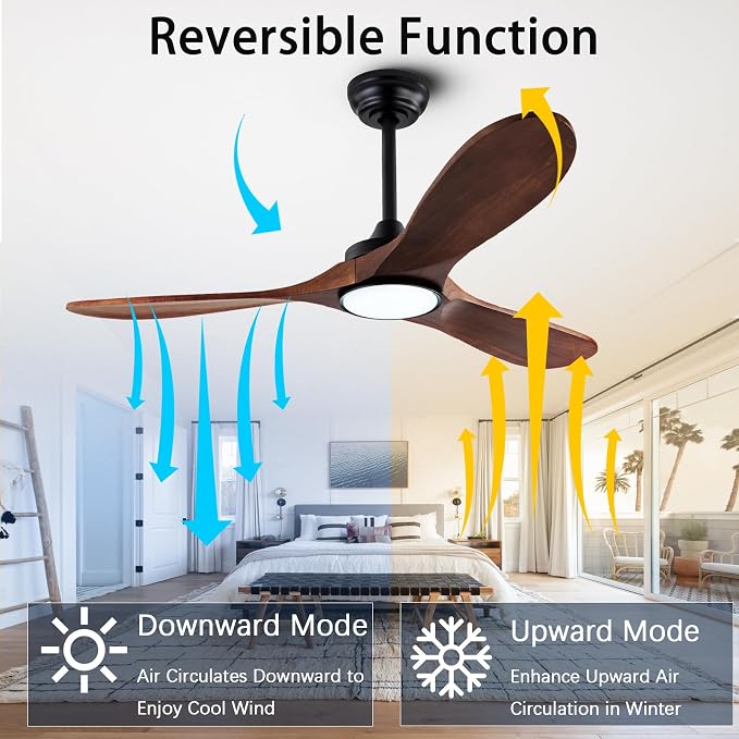 52-inch silent ceiling fan light with remote control, 3CCT, walnut finish. | 3CCT, mobile app, full memory function, for use in living rooms, dining rooms, bedrooms, offices, balconies, and outdoors.