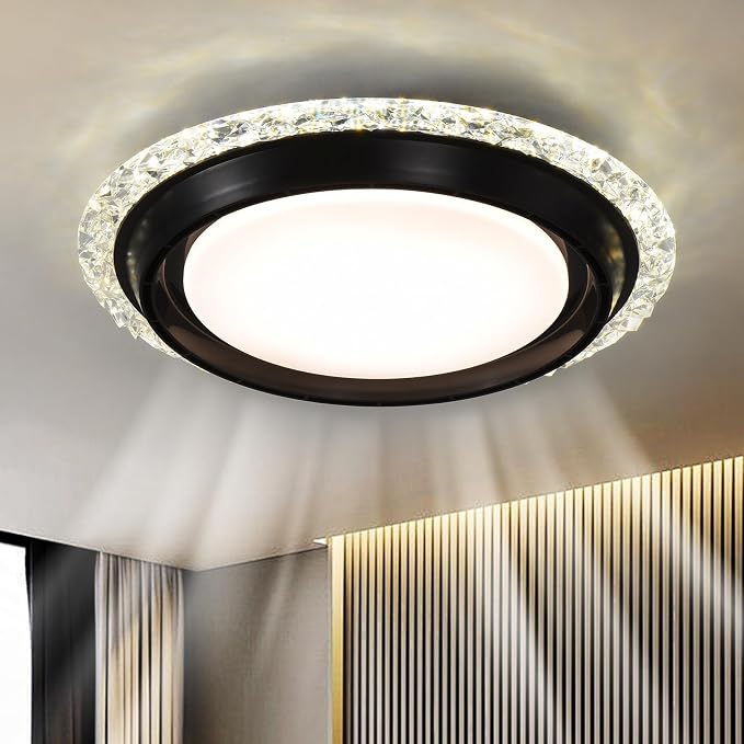 AHAWILL 19.29'' Bladeless Ceiling Fan with Light,Modern Crystal Ceiling Fan with Remote Control,Enclosed Flush Mount Fandelier,6 Wind Speed,Dimmable LED,Black,for Bedroom Kitchen Dining Room