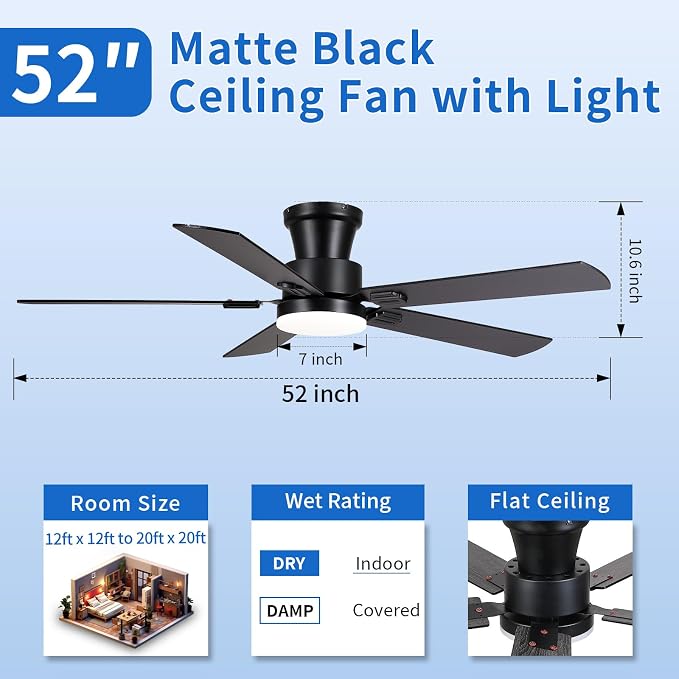 NKPU 52" Ceiling Fans with Lights, Low Profile Ceiling Fan with Light and Remote/APP Control, 6 Speed, Dimmable, Safe Quiet DC Motor, Black Flush Mount Ceiling Fan for Bedroom Indoor/Outdoor Use