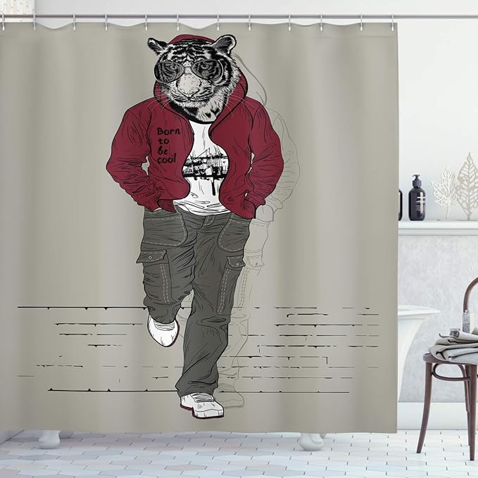 Ambesonne Modern Shower Curtain, Hipster Tiger in Sportswear Taking a Walk Adaptation to Urban City Theme, Cloth Fabric Bathroom Decor Set with Hooks, 69" W x 75" L, Ruby Sage Green Black