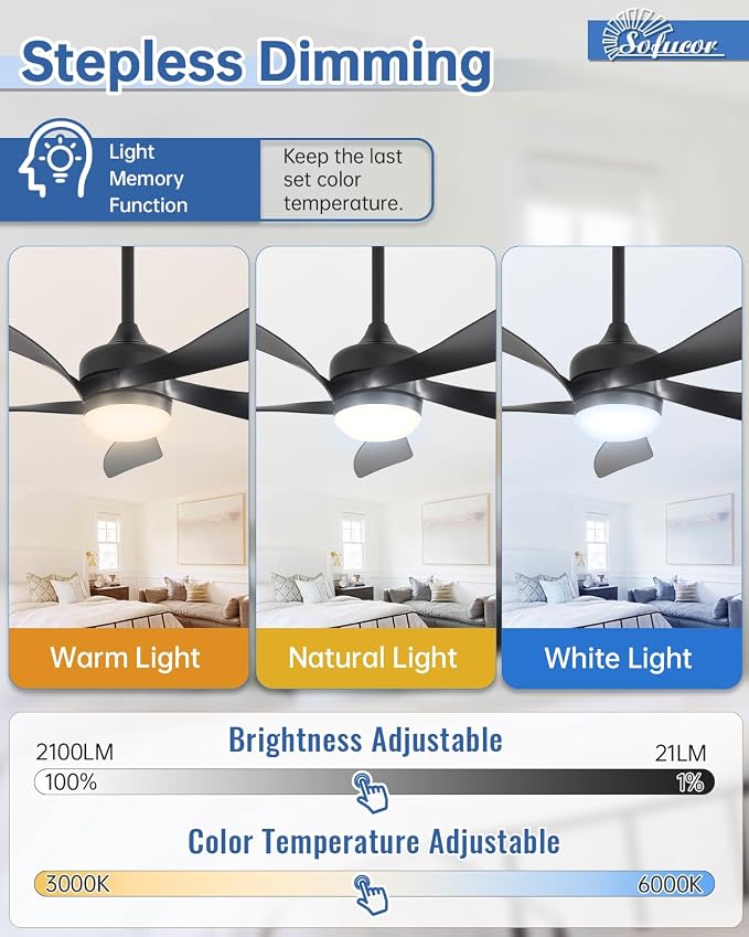 Sofucor 42" Smart Ceiling Fan, Indoor/Outdoor Black Ceiling Fans with Lights and Remote, Works with Alexa/Google/App, 3-Color Light 6-Speed Timing Reversible DC Motor for Bedroom Living Room Patio