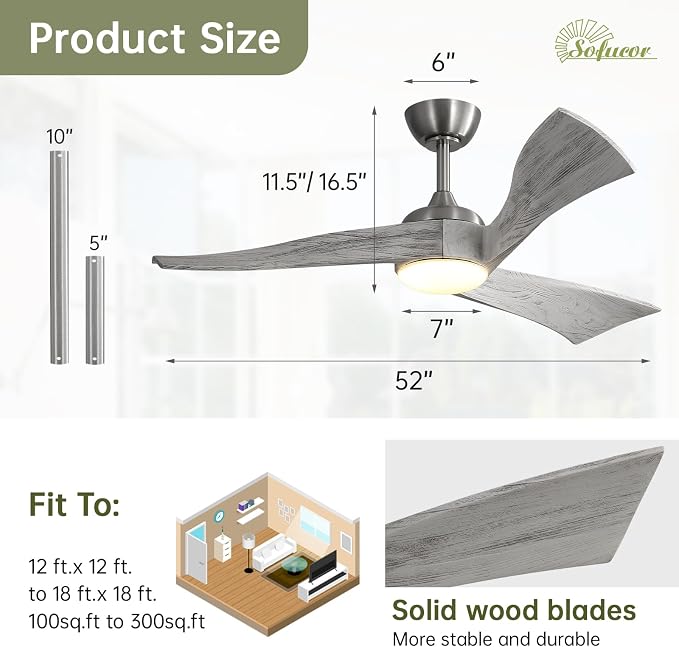 Sofucor 52 Inch Ceiling Fan with Light and Remote - 3 Solid Wood Blades, Quiet DC Motor, 6 Speeds 5000CFM, Dimmable Tri-Color LED with Memory, Timer & Reversible for Living Room, ETL, Gray Wood