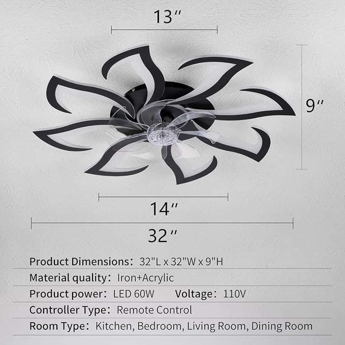 Black Flower Modern Ceiling Fans with Lights, Low Profile Ceiling Fan with Remote for Bedroom, 32inch Flush Mount Ceiling Fan with LED Dimmable Light,6-Speeds, Timing CeilingFan Light-8L