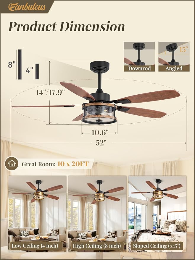 Fanbulous Farmhouse Ceiling Fan with Light and Remote, 52" Black Rustic Flush Mount Ceiling Fans for Bedroom Living Room, Industrial Caged Ceiling Fan for 6 Speed Reversible Motor, 5 Dual Blades