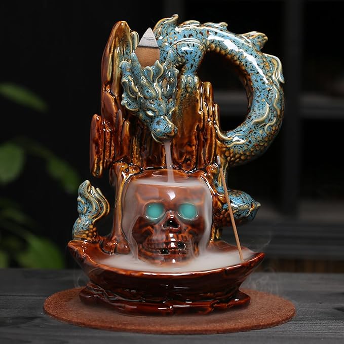 Skull Dragon Incense Burner Holder - LED Backflow Waterfall Cone Incense Holder, Ceramic Unique Skeleton Burner with Cones & Sticks for Halloween/Aromatherapy/Yoga/Home/Room/Office Deco