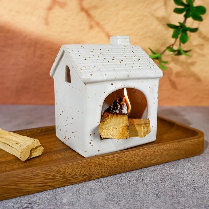 Mougigi White House Palo Santo Burner Holder-Mini Ceramic Chiminea with Stable Base, Perfect for Burning Sage and Incense Cones | Ideal for Zen Altar, Meditation, Yoga, Home Decor & Thoughtful Gifting