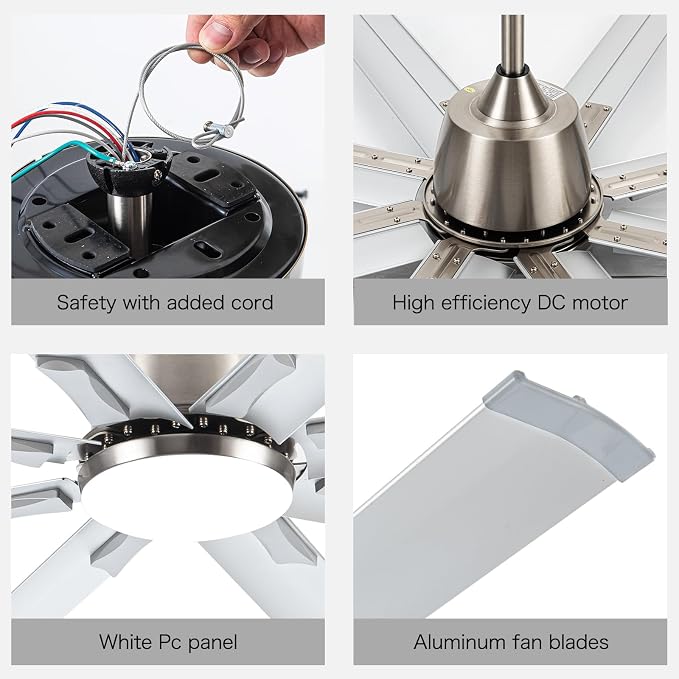 Minislak 96" Industrial Commercial HVLS 7 Brushed Nickel Aluminum Blades Ceiling Fan with Light and Compatible Alexa,High CFM Brushless Motor,6-Speed,Indoor Outdoor Ceiling Fan for Patio,Garage,Shop